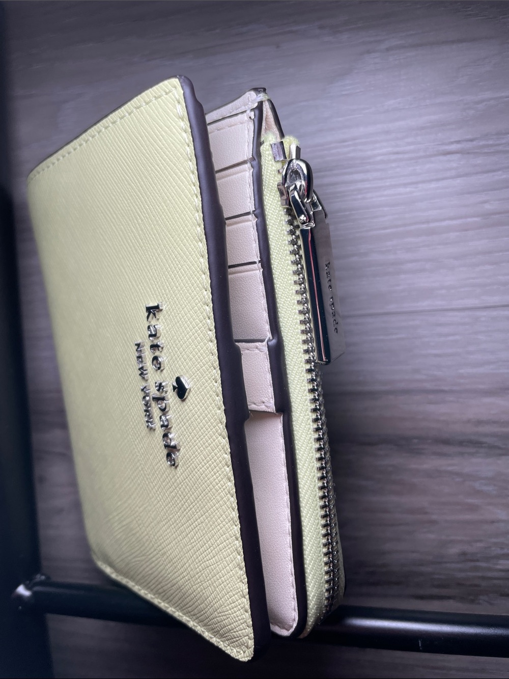 EUC- Women's Kate Spade Saffiano Leather Small L-Zip Wallet, Tennis Ball - Picture 7 of 8